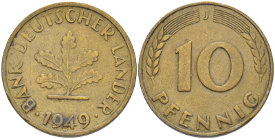 ФРГ 10 ПФЕННИГОВ 1949 J KM 103, J. 378 сталь плакированная латунью 4182-732