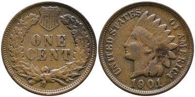 США 1 ЦЕНТ 1901 ИНДЕЕЦ, INDIAN HEAD KM 90а бронза 4551-534