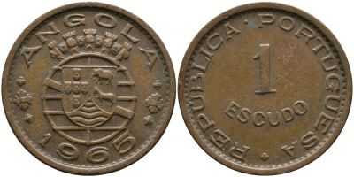 Португальская Ангола 1 эскудо 1965 KM 76 бронза 33-951