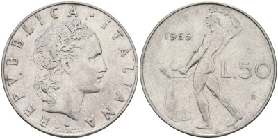Италия 50 лир 1955 R, бог огня Вулкан у наковальни KM 95.1 нержавеющая сталь 4171-1013
