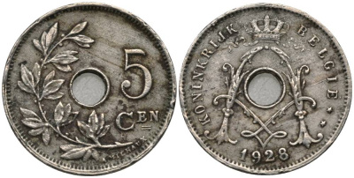 БЕЛЬГИЯ 5 САНТИМОВ 1928 BELGIE, АЛЬБЕРТ I (1909-1934) KM 67 медно-никель 27-114