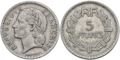 Франция 5 франков 1945 тип Лаврийе, Open 9 KM 888b.1, Le Franc 339.3 алюминий  59-213