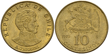 Чили 10 сентесимо 1971 KM 194 алюминиевая бронза 4158-725