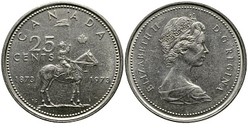 Канада 25 центов 1973 100 лет канадской горной полиции (1873-1973), Елизавета II (1952-2022) KM 81 никель 3336-251