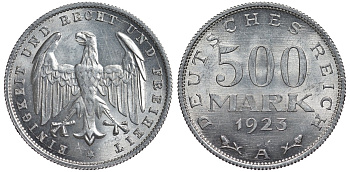 Германия 500 марок 1923 А KM 36, J.305 алюминий UNC 4587-445