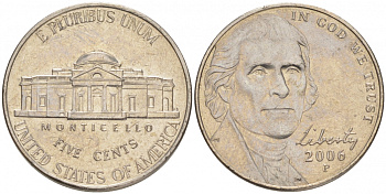 США 5 центов 2006 P, Джефферсон KM 381 медно-никель UNC M32-16