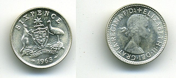 АВСТРАЛИЯ 6 ПЕНСОВ 1963 ГЕРБ АВСТРАЛИИ KM 58 серебро UNC 7-5-26-33