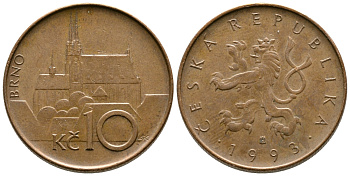 ЧЕХИЯ 10 КРОН 1993 КАФЕДРАЛЬНЫЙ СОБОР ГОРОДВ БРНО KM 4 сталь плакированная медью 4364-4445