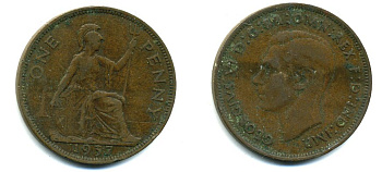 Великобритания 1 пенни 1937 Георг VI (1936-1952) KM 845, Spink 4114 бронза 37-126