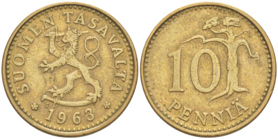 ФИНЛЯНДИЯ 10 ПЕННИ 1963 S KM 46 алюминиевая бронза 4541-614