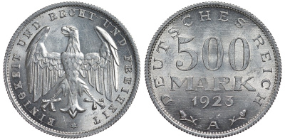 Германия 500 марок 1923 А KM 36, J.305 алюминий UNC 4587-445