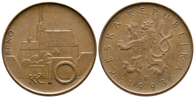 ЧЕХИЯ 10 КРОН 1993 КАФЕДРАЛЬНЫЙ СОБОР ГОРОДВ БРНО KM 4 сталь плакированная медью 4364-4445