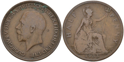 Великобритания 1/2 пенни 1933 Георг V (1910-1936) KM 837, Spink 4058 бронза 4153-814