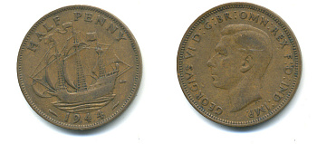 Великобритания 1/2 пенни 1944 Георг VI (1936-1952) KM 844, Spink 4115 бронза 89-356