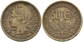 Французский Камерун 50 сантимов 1925 (а), монетный двор Париж KM 1 алюминиевая бронза 4164-1234