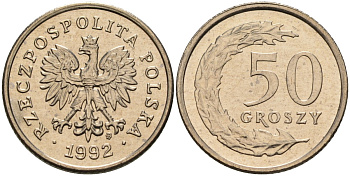 Польша 50 грошей 1992 MW KM 281, Parchimowicz 706c медно-никель UNC 02-264-36
