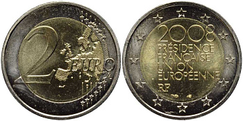Франция 2 евро 2008 председательство в ЕС KM 1459 биметалл UNC 115-1222