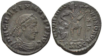 Римская Империя нуммий 367 - 375 Грациан, GLORIA ROMANORVM, Сисция RIC 14с бронза 1073-17-85