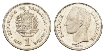Венесуэла 1 боливар 1989 Симон Боливар, тонкий шрифт Y 52a.1 сталь плакированная никелем 4662-834