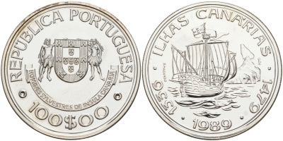 Португалия 100 эскудо 1989 серия золотой век португальских открытий, открытие Канарских островов KM 646а серебро UNC 1074-4-23