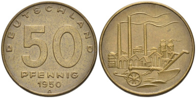 ГДР 50 пфеннигов 1950 А, фабрика KM 4 алюминиевая бронза 4575-522