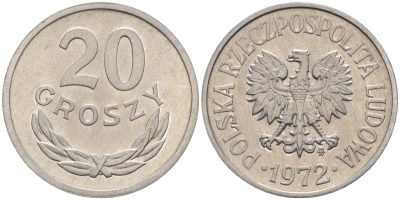 Польша 20 грошей 1972 MW KM A47 алюминий 4174-865