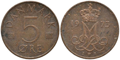 Дания 5 эре 1973 S; B, Маргрете II (1972- ) KM 859.1 железо плакированное медью 116-114