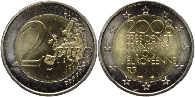 Франция 2 евро 2008 председательство в ЕС KM 1459 биметалл UNC 115-1222