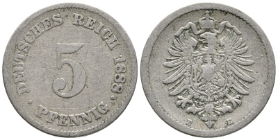 ГЕРМАНИЯ 5 ПФЕННИГОВ 1888 E, СТАРОГЕРБОВКА KM 3, J. 3 медно-никель 39-415