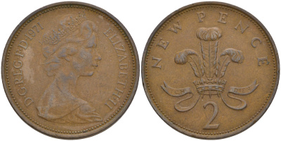 Великобритания 2 пенса 1971 Елизавета II (1952-2022) KM 916, Spink 4235 (C1) бронза 4561-546