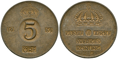 Швеция 5 эре 1969 Густав VI Адольф (1950-1973) KM 822 бронза 4137-414