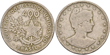 Бразилия 400 рейс 1901 голова свободы вправо KM 505 медно-никель 4367-226