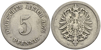 ГЕРМАНИЯ 5 ПФЕННИГОВ 1876 G, СТАРОГЕРБОВКА KM 3, Jager 3, Weege 5 медно-никель 4546-1042