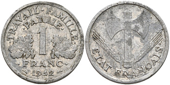 Франция 1 франк 1942 LB, тип Lourde, правительство Виши KM 902.1, Le Franc 222.2 алюминий 4142-912