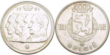 Бельгия 100 франков 1951 Belgie, королевская династия KM 139.1 серебро 1519-112