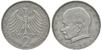 ФРГ 2 марки 1961 F, Макс Планк KM 116, J. 392 медно-никель плакированный никелем 72-313