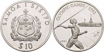 Самоа 10 тала 1991 XXV Олимпийские игры в Барселоне 1992 года, метание копья KM 85 серебро PROOF 04-302-45