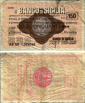 Италия чек на 150 лир 1976 2 апреля 1976, IL Banca Di Sicilia бумага 7203-44-1-2