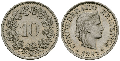 Швейцария 10 раппенов 1991 KM 27 медно-никель 4173-1056