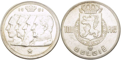 Бельгия 100 франков 1951 Belgie, королевская династия KM 139.1 серебро 1519-112