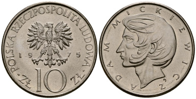 Польша 10 злотых 1975 MW, Адам Мицкевич (1798-1855) KM 74, Parchimowicz 242a медно-никель UNC 4177-821