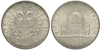 Австрия 2 шиллинга 1937 200 лет церкви Святого Чарльза в Вене KM 2859 серебро 413-2114