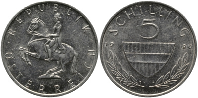 АВСТРИЯ 5 ШИЛЛИНГОВ 1990 KM 2889а медно-никель 33-631
