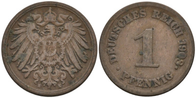 Германия 1 пфенниг 1908 E KM 10, J. 10 медь 4567-1266