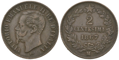 Италия 2 чентезимо 1867 M, Виктор Эммануил II (1861-1878) KM 2 медь 4615-615