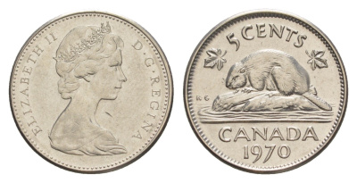 Канада 5 центов 1970 Елизавета II (1952-2022), бобр, редкий год KM 60.1 никель 4639-455