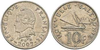 Французская Новая Каледония 10 франков 2009 рыбачья парусная лодка, (IEOM) KM 11a, Schoen 13a, Lec 99k медно-никель 60-1056