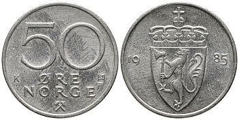 Норвегия 50 эре 1985 Улаф V (1957-1991) KM 418 медно-никель 67-135