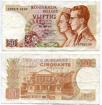 Бельгия 50 франков 1966 16 МАЯ 1966 Pick 139(3) бумага VF 7219-47-3-2