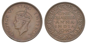 Британская Индия 1/4 анна 1940 Георг VI (1936-1952) KM 531 бронза 4650-946
